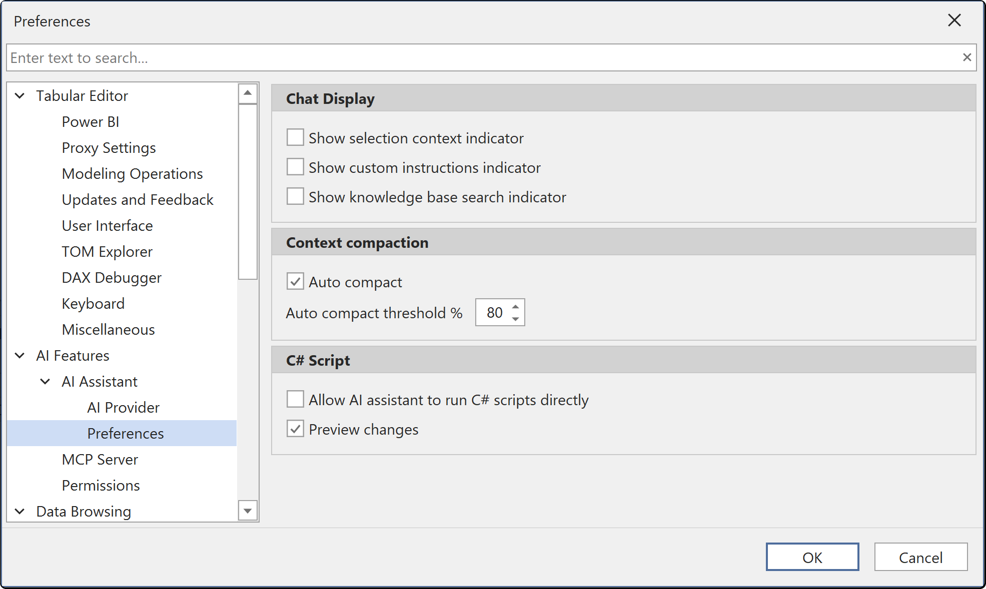 The AI Assistant preferences page, with the three chat display indicators, Auto compact and its threshold, and the two C# script settings: Allow AI assistant to run C# scripts directly, cleared, and Preview changes, ticked