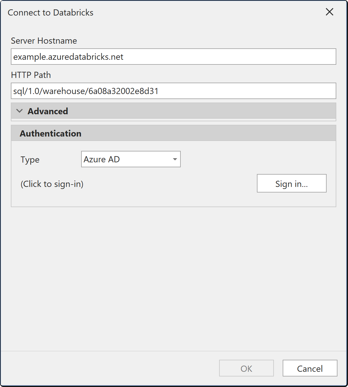 The Connect to Databricks dialog, with Azure AD chosen as the authentication type and a Sign in button beside it