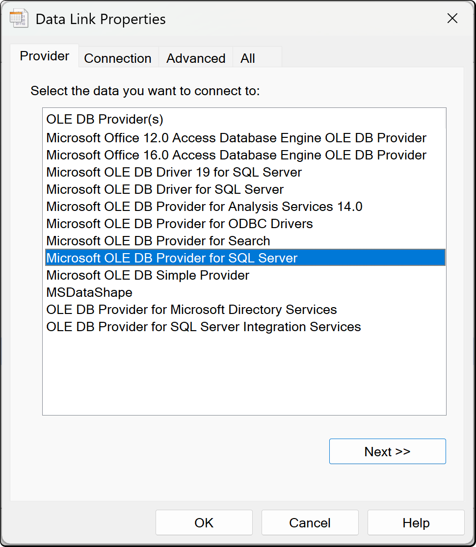 The Data Link Properties dialog on its Provider tab, listing the OLE DB providers installed on the machine