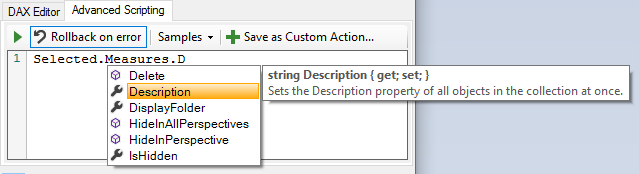 IntelliSense helps you create scripts for Tabular Editor
