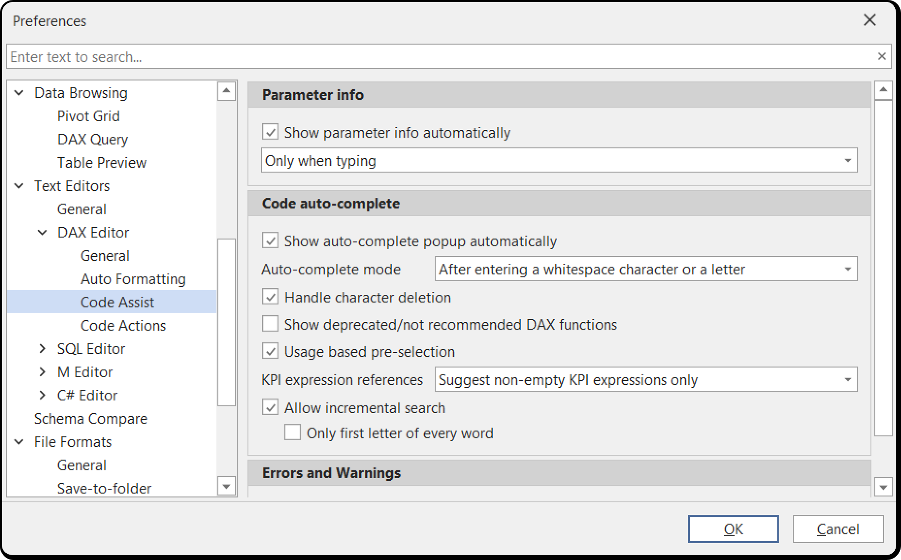 DAX Editor Code Assist preferences