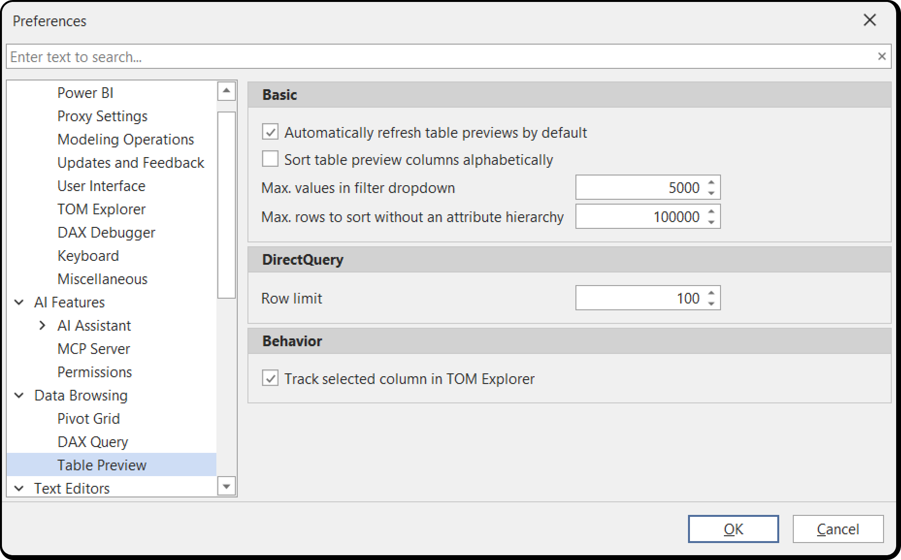 Table Preview preferences